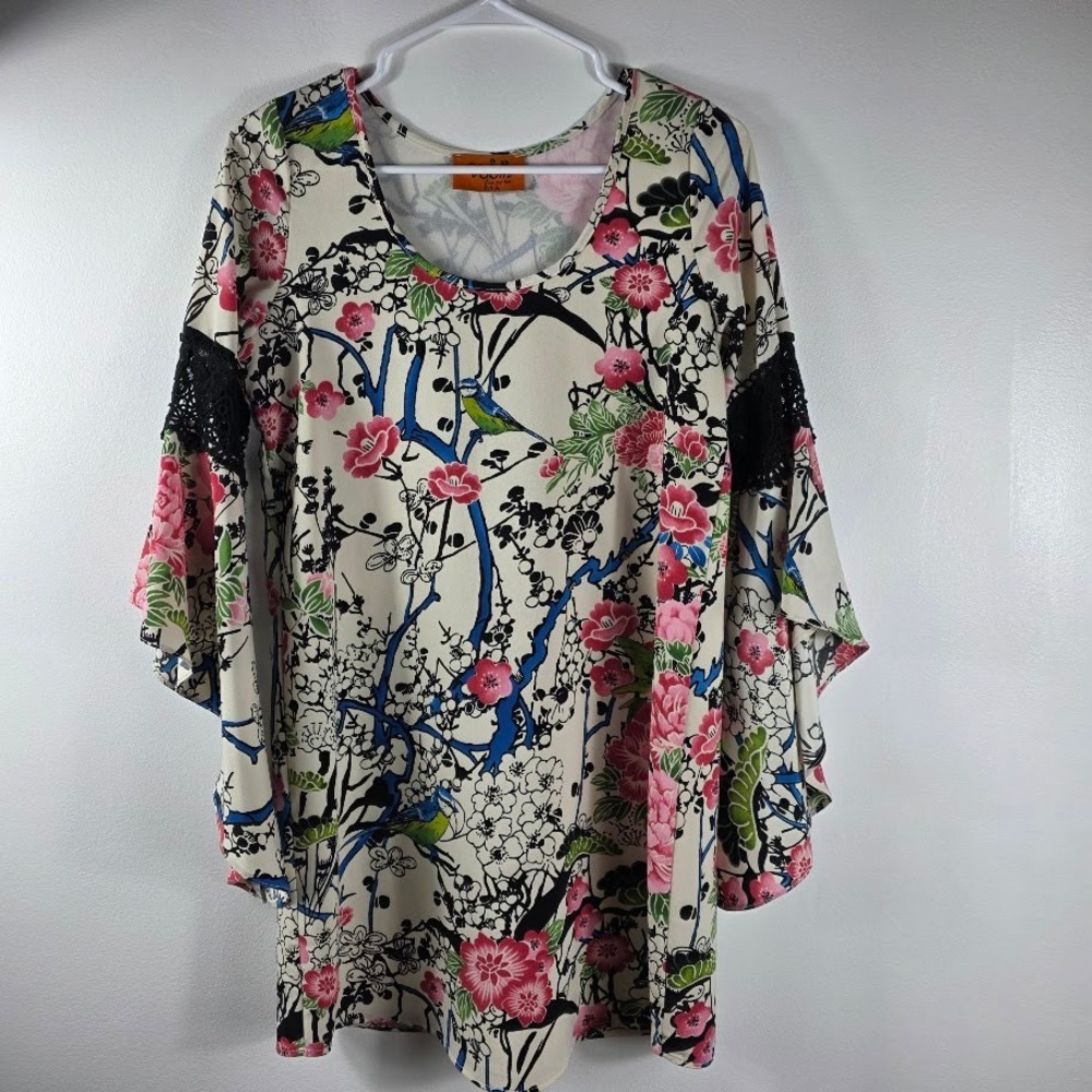 Voom by Joy Han XS Dress Bell Sleeve Floral Bird Print